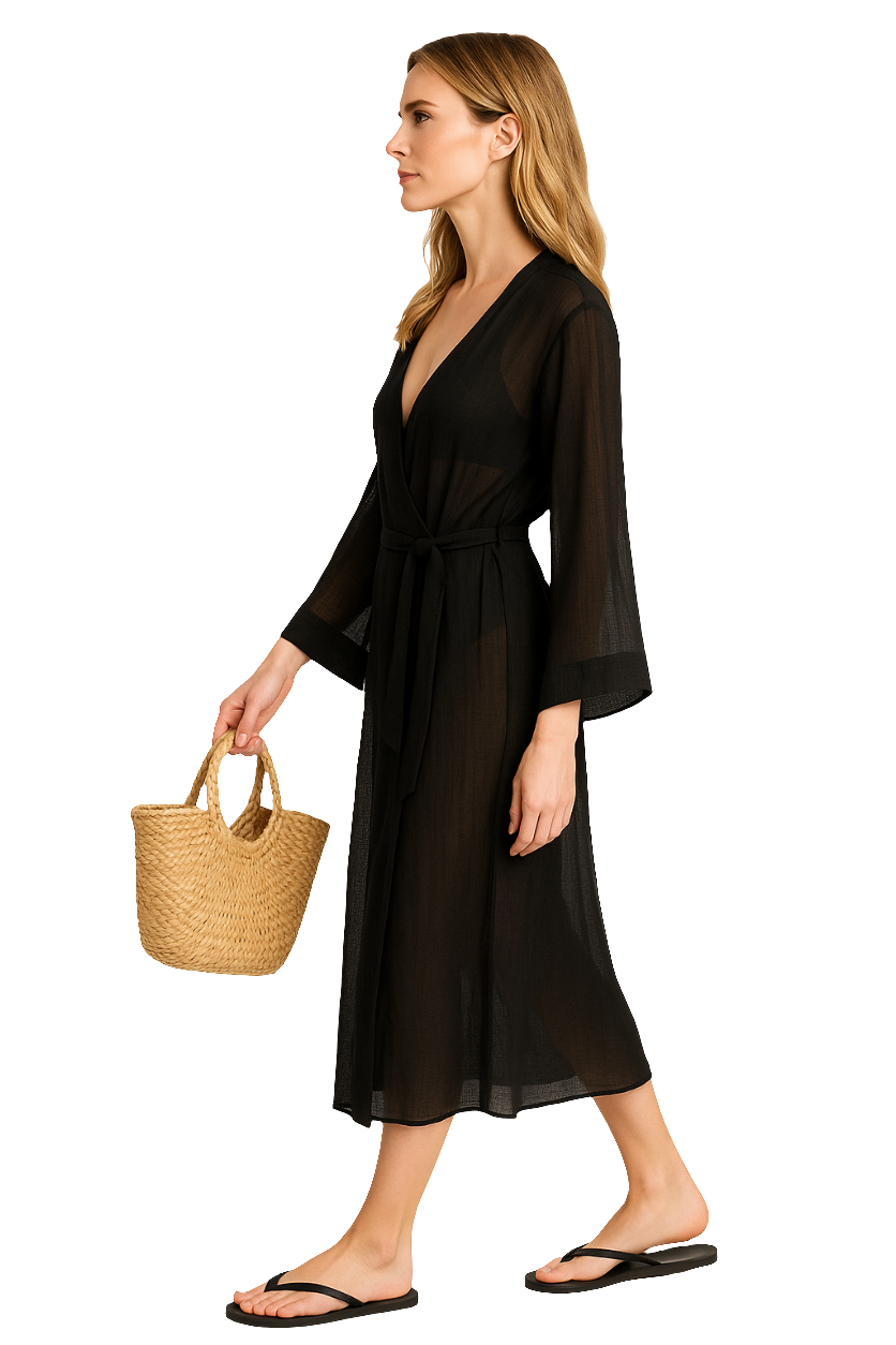 Elegant Black Semi-Sheer Wrap Dress – Resort Wear Edition