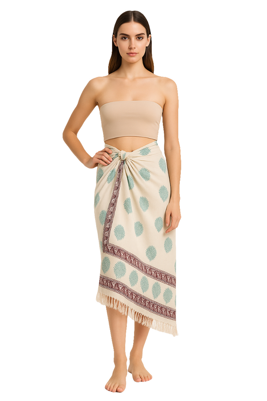 Soft Cotton-Feel Polyester Pareo Sarong with Botanical Print & Paisley Border