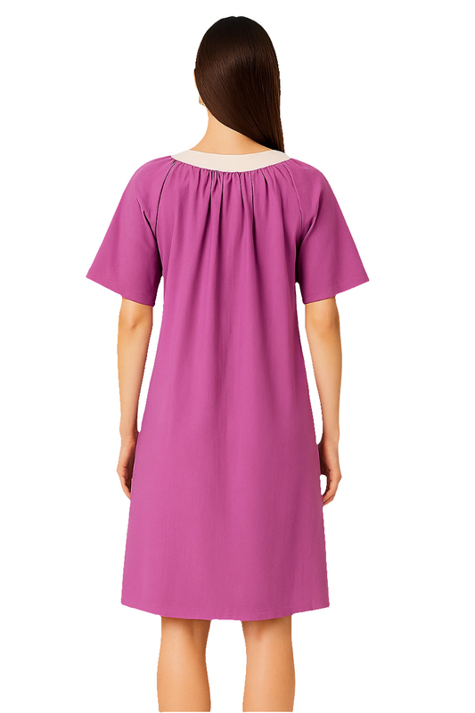 Magenta Cotton Poplin Tunic Dress with Beige Contrast Placket & Inverted Pleats