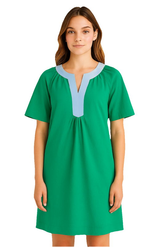 Emerald Green Cotton Poplin Tunic Dress with Sky Blue Contrast Placket & Side Pockets