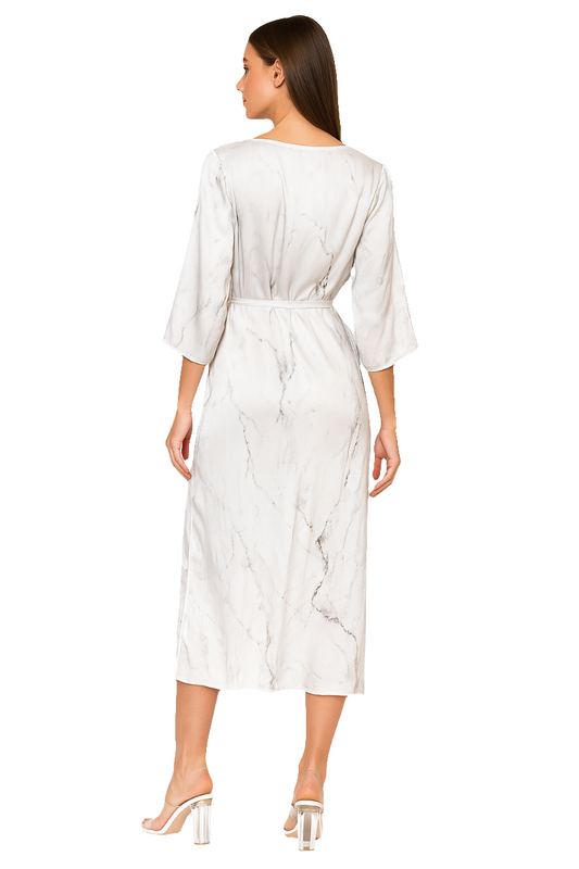 Marble-Print Polyester Swiss Satin Wrap Dress
