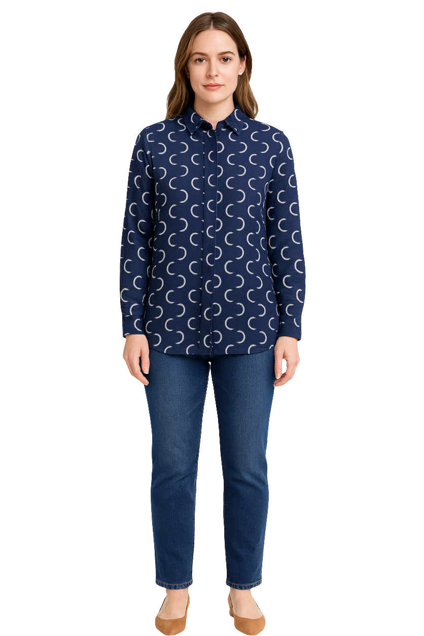 Navy Rayon Printed Shirt with Concealed Double Placket