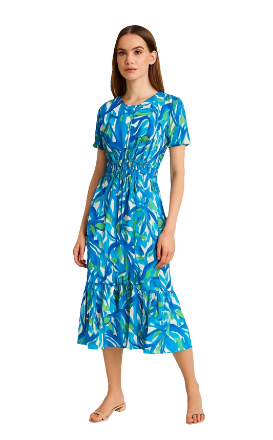 Painted-Look Leaf Print Midi Dress