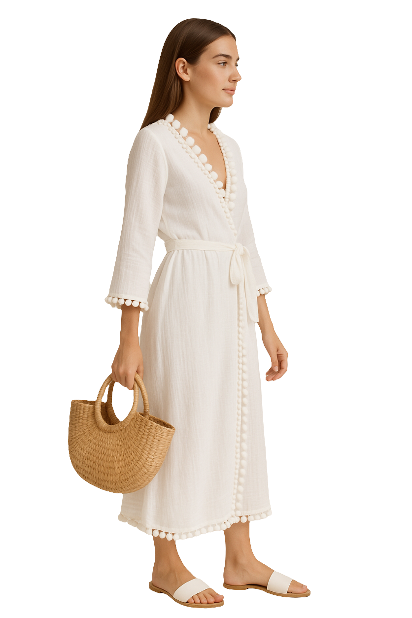 Resort Wear Wrap Dress with Pom-Pom Detailing