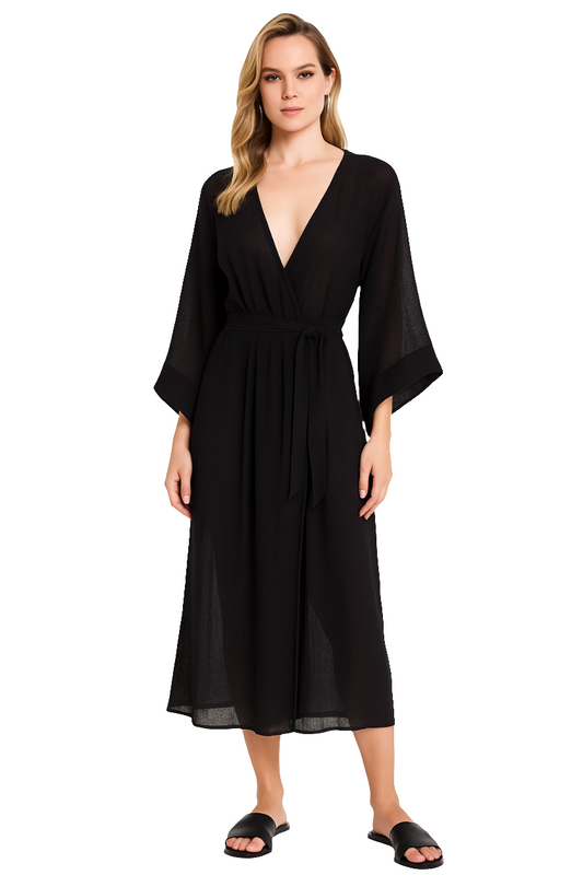 Elegant Black Semi-Sheer Wrap Dress – Resort Wear Edition