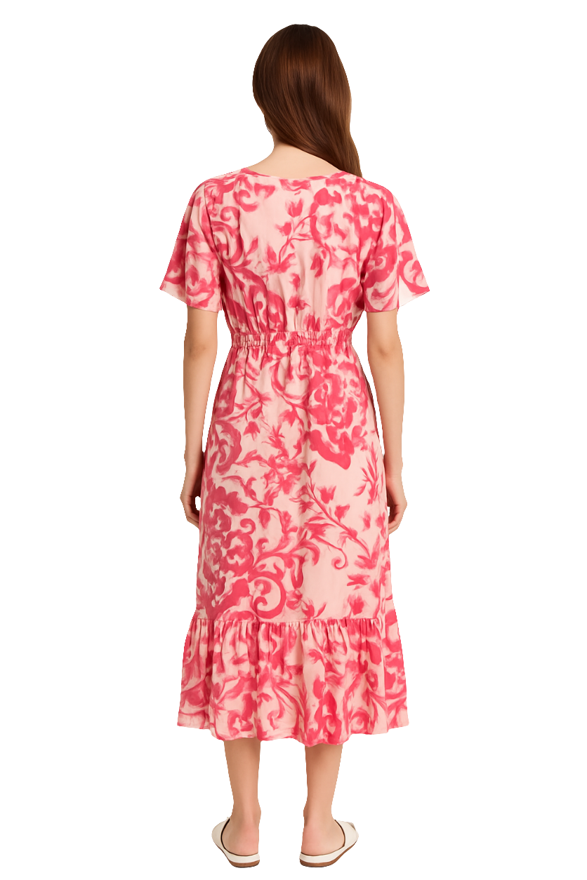 Pink Floral Print Midi Dress with Ruffle Hem