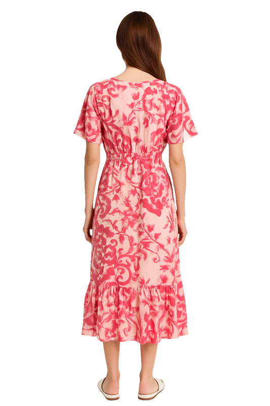 Pink Floral Print Midi Dress with Ruffle Hem