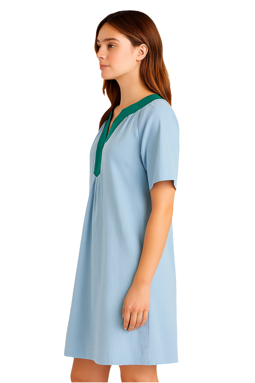 Sky Blue Cotton Poplin Tunic Dress with Emerald Green Placket