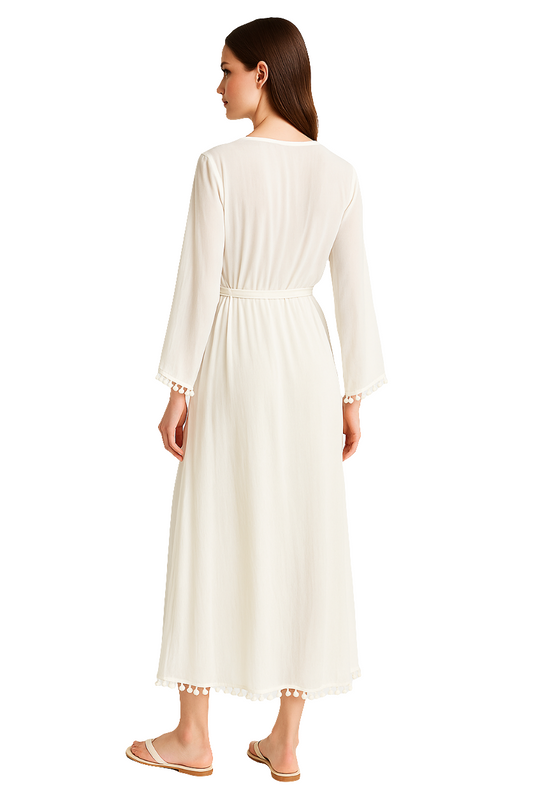 Resort Wear Wrap Dress with Pom-Pom Detailing