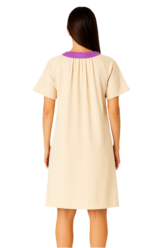 100% Cotton Tunic Dress with Contrast V-Neck & Inverted Pleats
