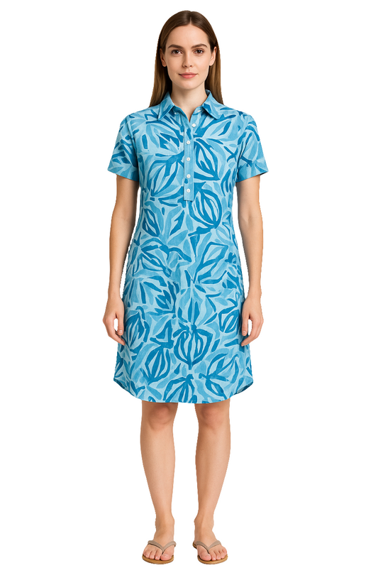 Elegant Blue Leaf Print Cotton Button-Down Shirt Dress 