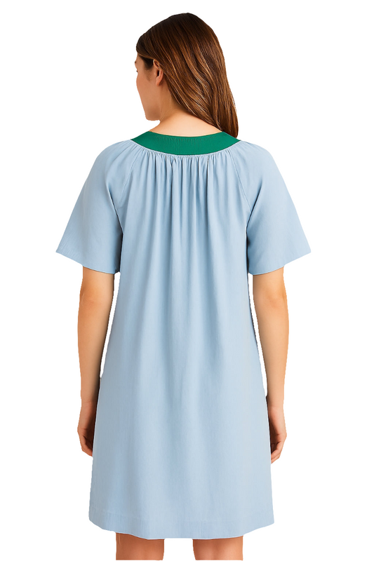 Sky Blue Cotton Poplin Tunic Dress with Emerald Green Placket