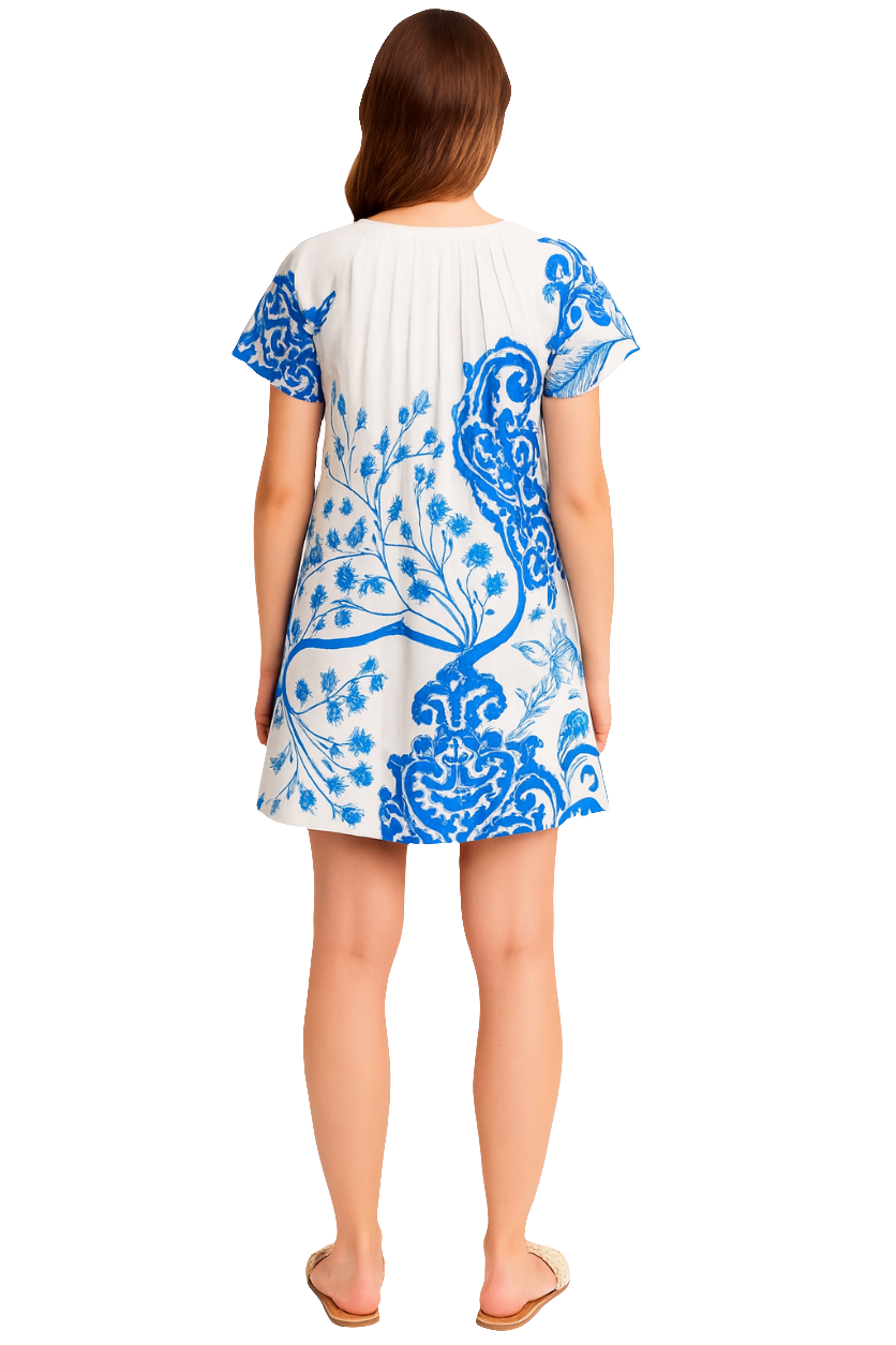 Blue Floral Print Cotton Short Top Dress