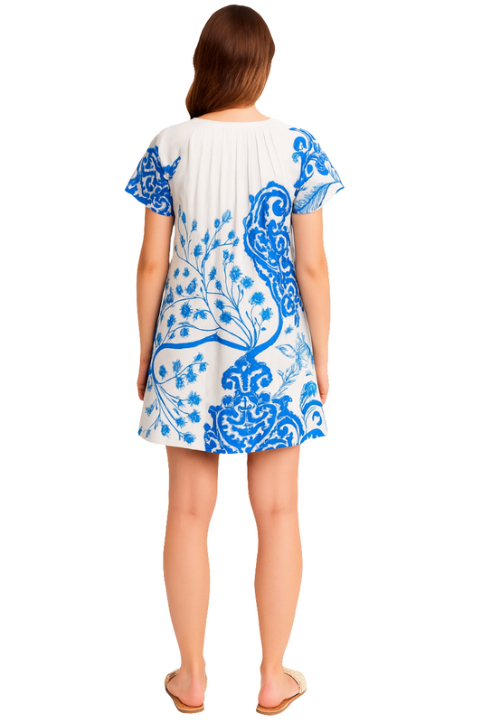 Blue Floral Print Cotton Short Top Dress