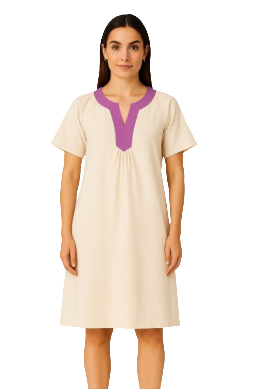 100% Cotton Tunic Dress with Contrast V-Neck & Inverted Pleats