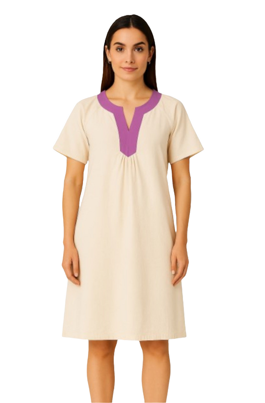 100% Cotton Tunic Dress with Contrast V-Neck & Inverted Pleats