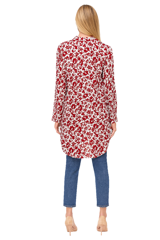Women’s Red & White Floral Longline Shirt