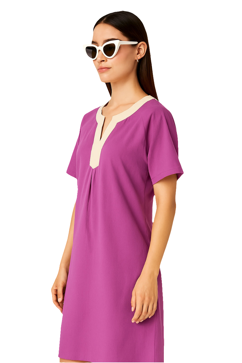 Magenta Cotton Poplin Tunic Dress with Beige Contrast Placket & Inverted Pleats
