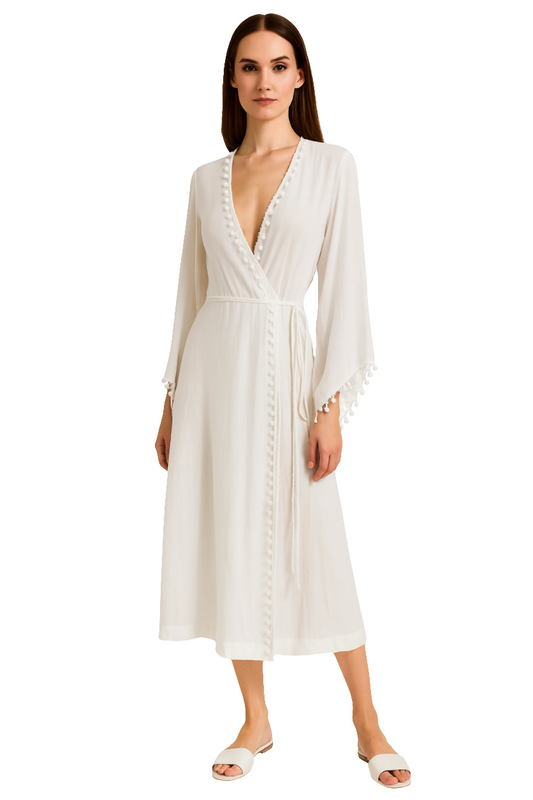 Resort Wear Wrap Dress with Pom-Pom Detailing