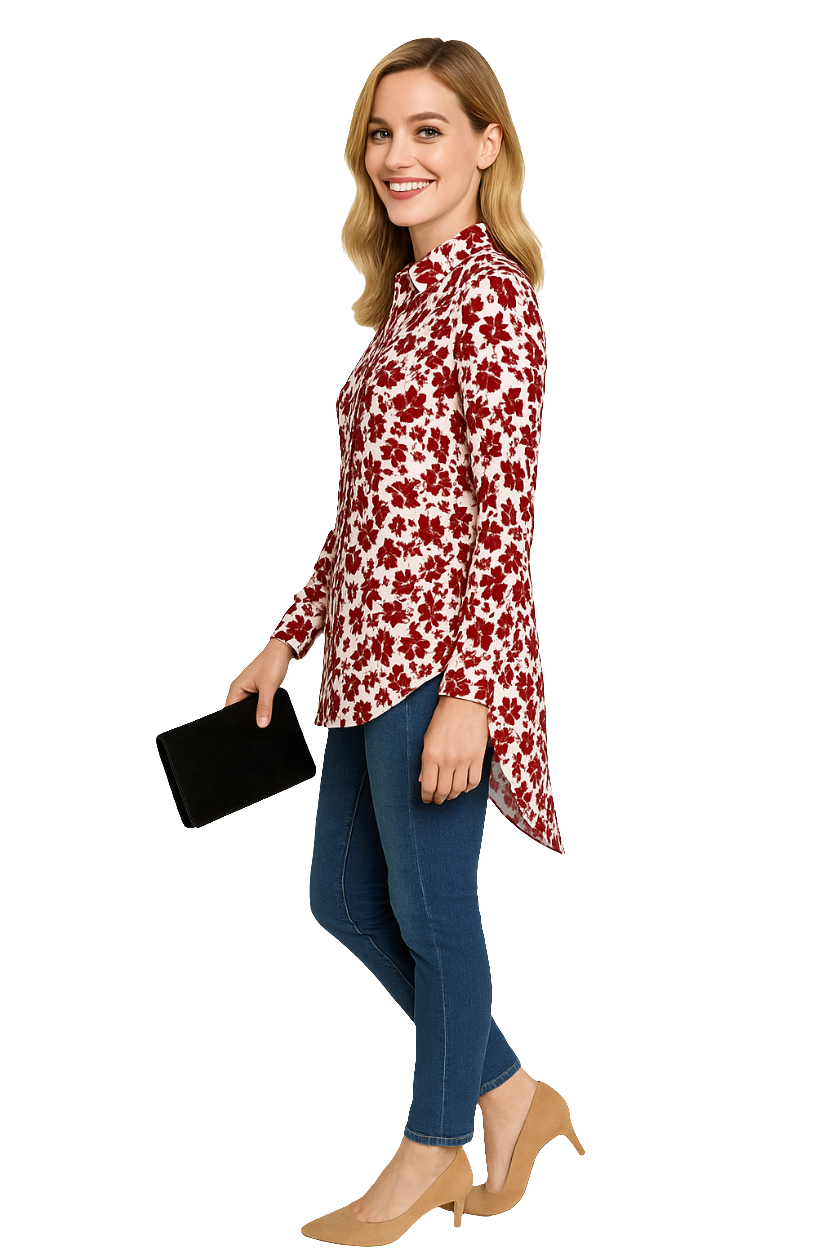 Women’s Red & White Floral Longline Shirt