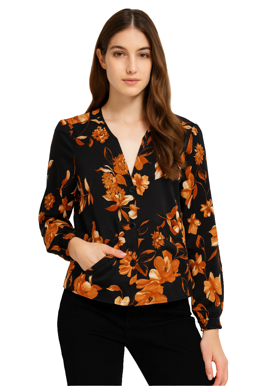 Women's Smocking Cuff Printed Shrug Shirt – Black with Autumn Floral