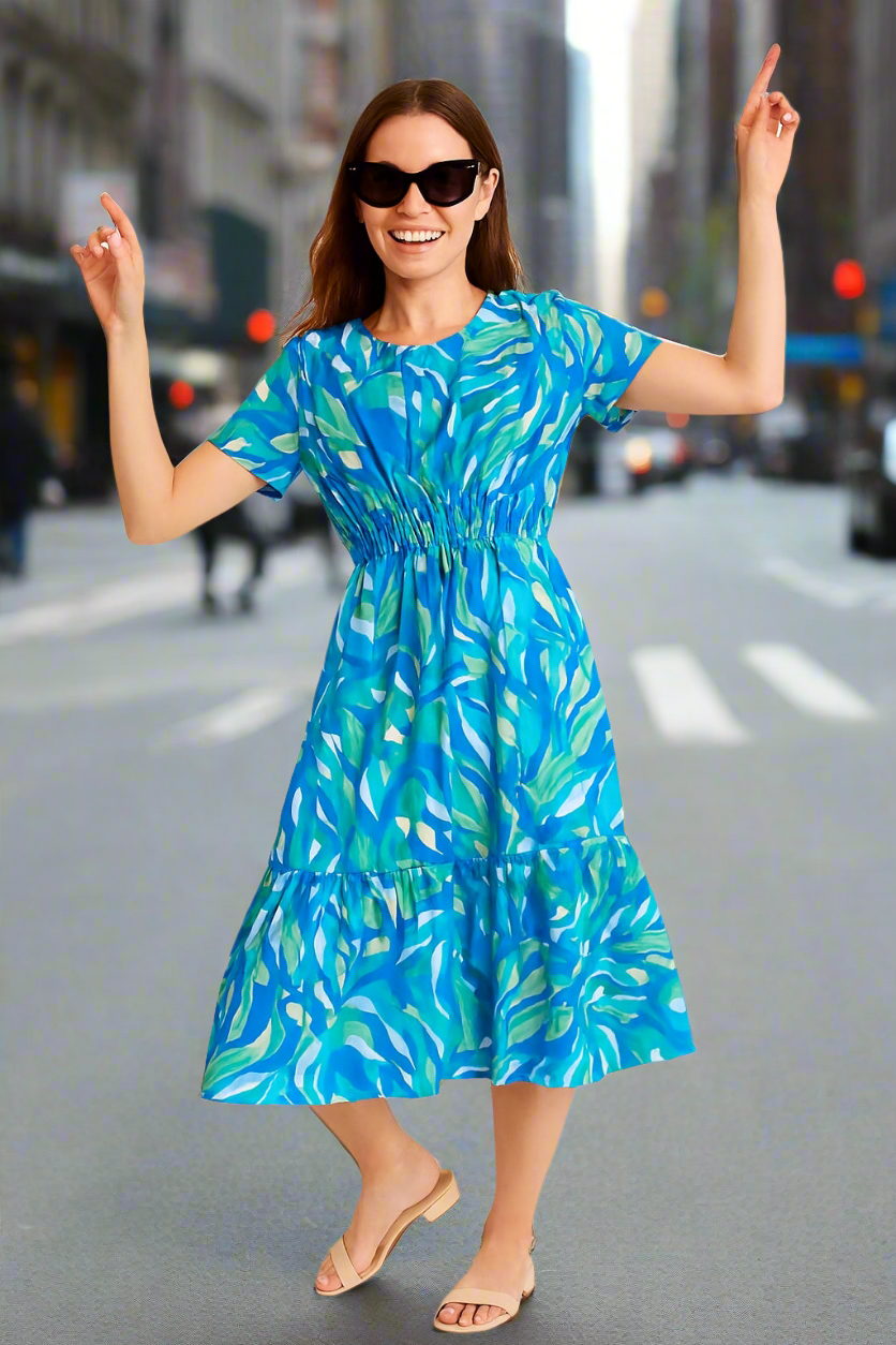 Painted-Look Leaf Print Midi Dress