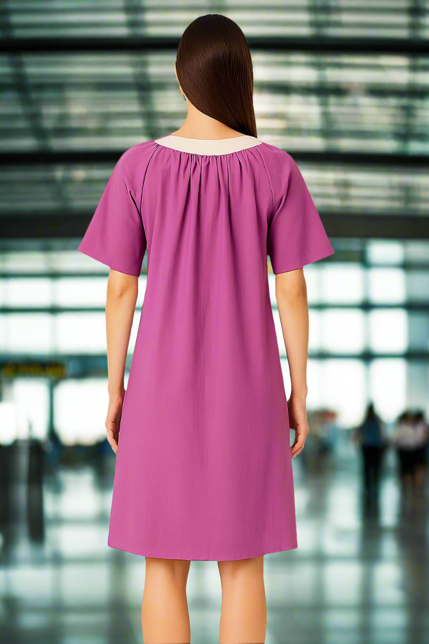 Magenta Cotton Poplin Tunic Dress with Beige Contrast Placket & Inverted Pleats