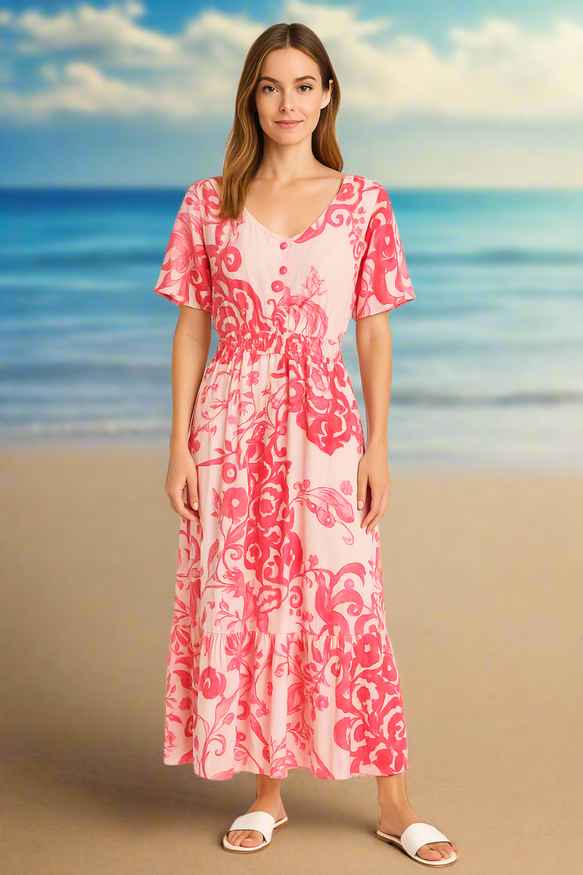 Pink Floral Print Midi Dress with Ruffle Hem
