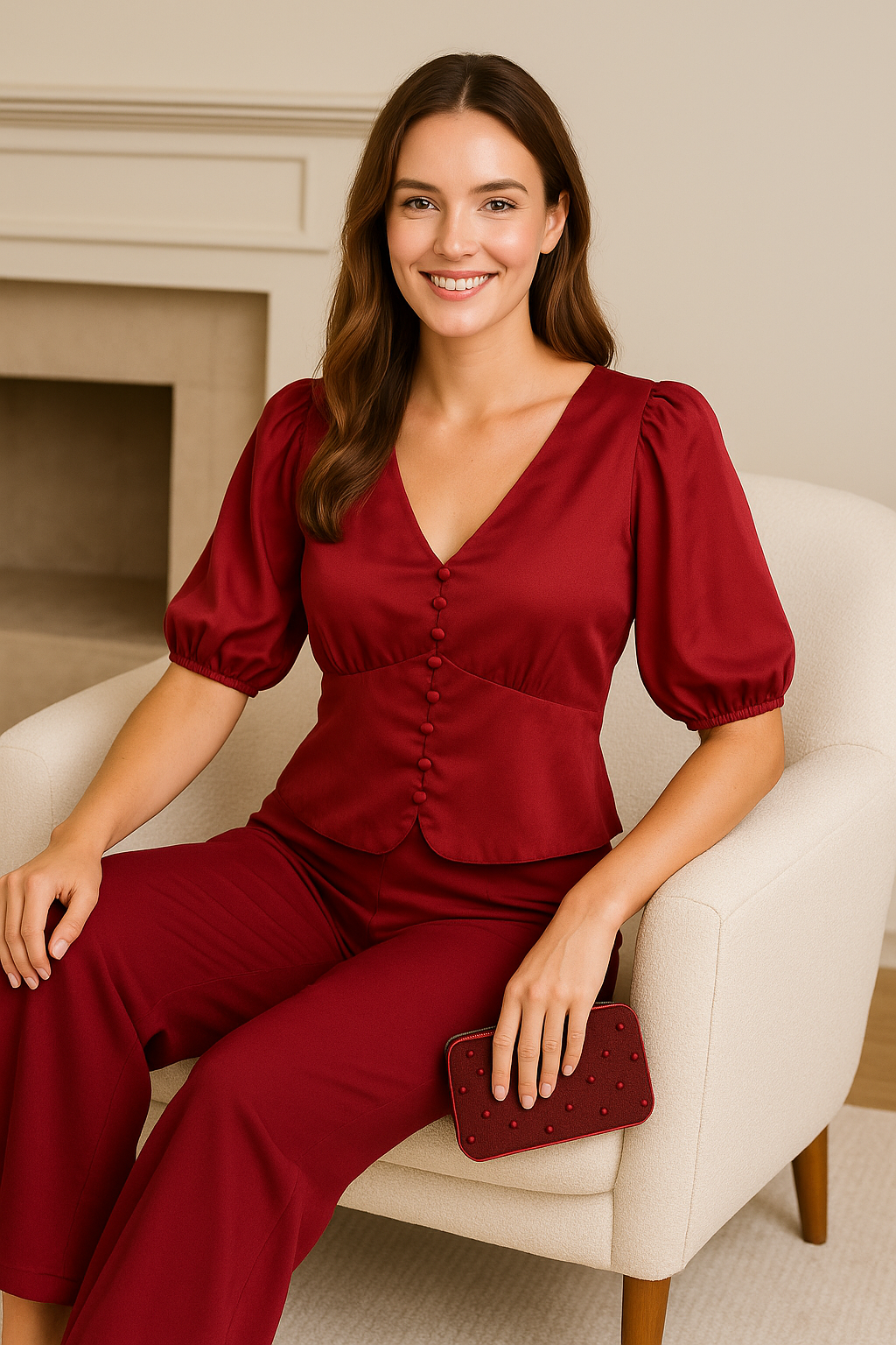 Silky Top with Decorative Fabric-Covered Buttons