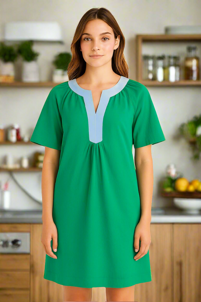 Emerald Green Cotton Poplin Tunic Dress with Sky Blue Contrast Placket & Side Pockets