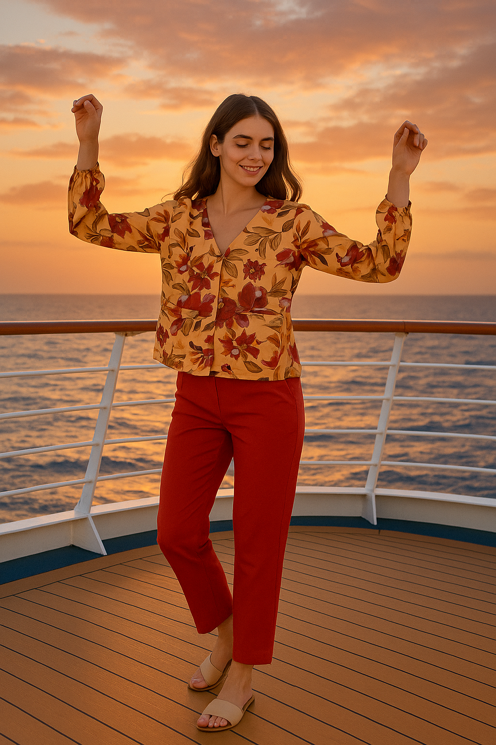 Floral Print V-Neck Blouse with Long Sleeves