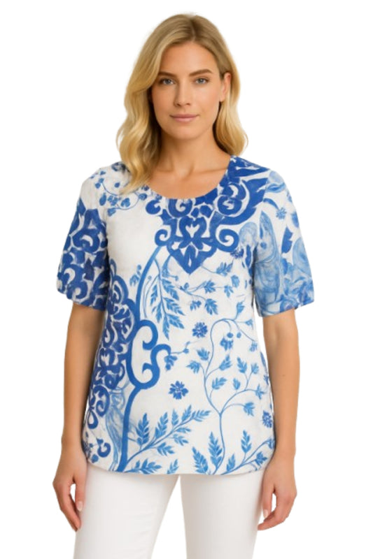 Blue & White Pure Cotton Printed Top – Elegant Floral Motif