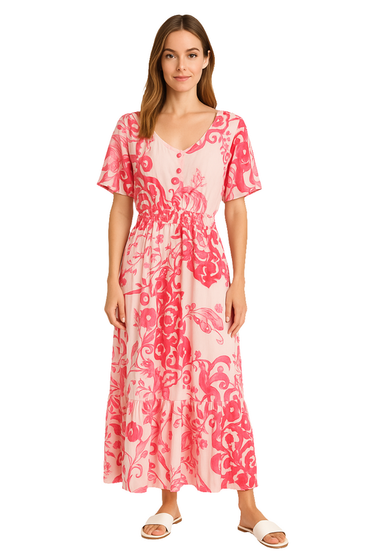 Pink Floral Print Midi Dress with Ruffle Hem