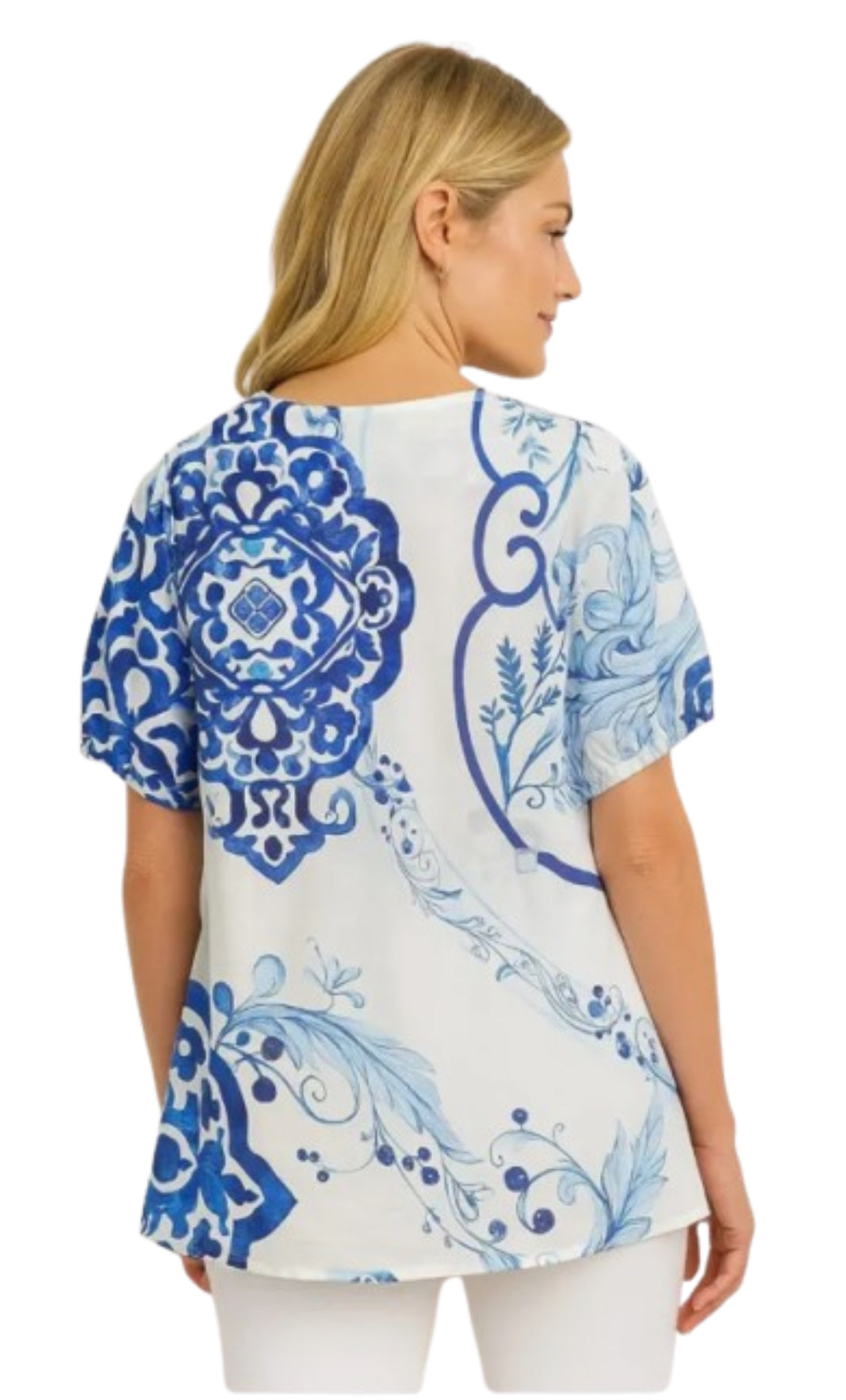 Blue & White Pure Cotton Printed Top – Elegant Floral Motif